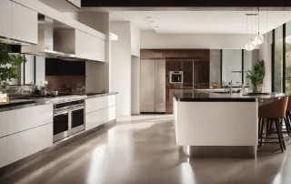a sleek modern kitchen gleams with seamless epoxy floors reflecting the ambient lighting.