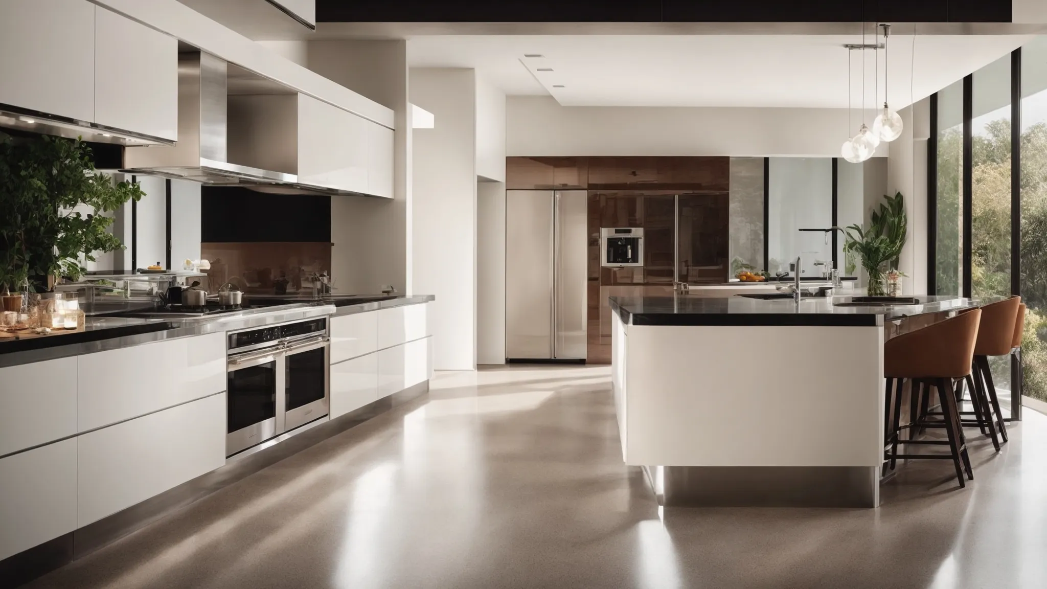 a sleek modern kitchen gleams with seamless epoxy floors reflecting the ambient lighting.