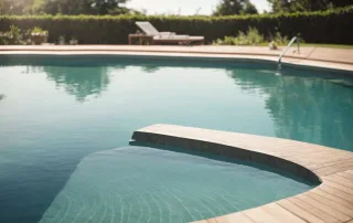 a pristine swimming pool with a freshly resurfaced deck gleaming under the summer sun.