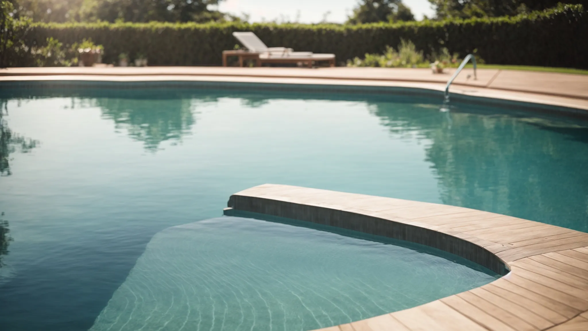 a pristine swimming pool with a freshly resurfaced deck gleaming under the summer sun.