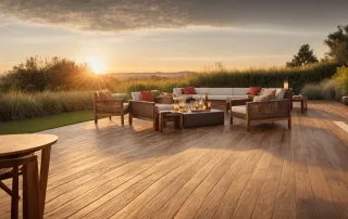 an expansive, textured, wood-patterned stamped concrete patio stretches out, invitingly furnished with simple, rustic outdoor furniture under a warm, 2024 sunset.
