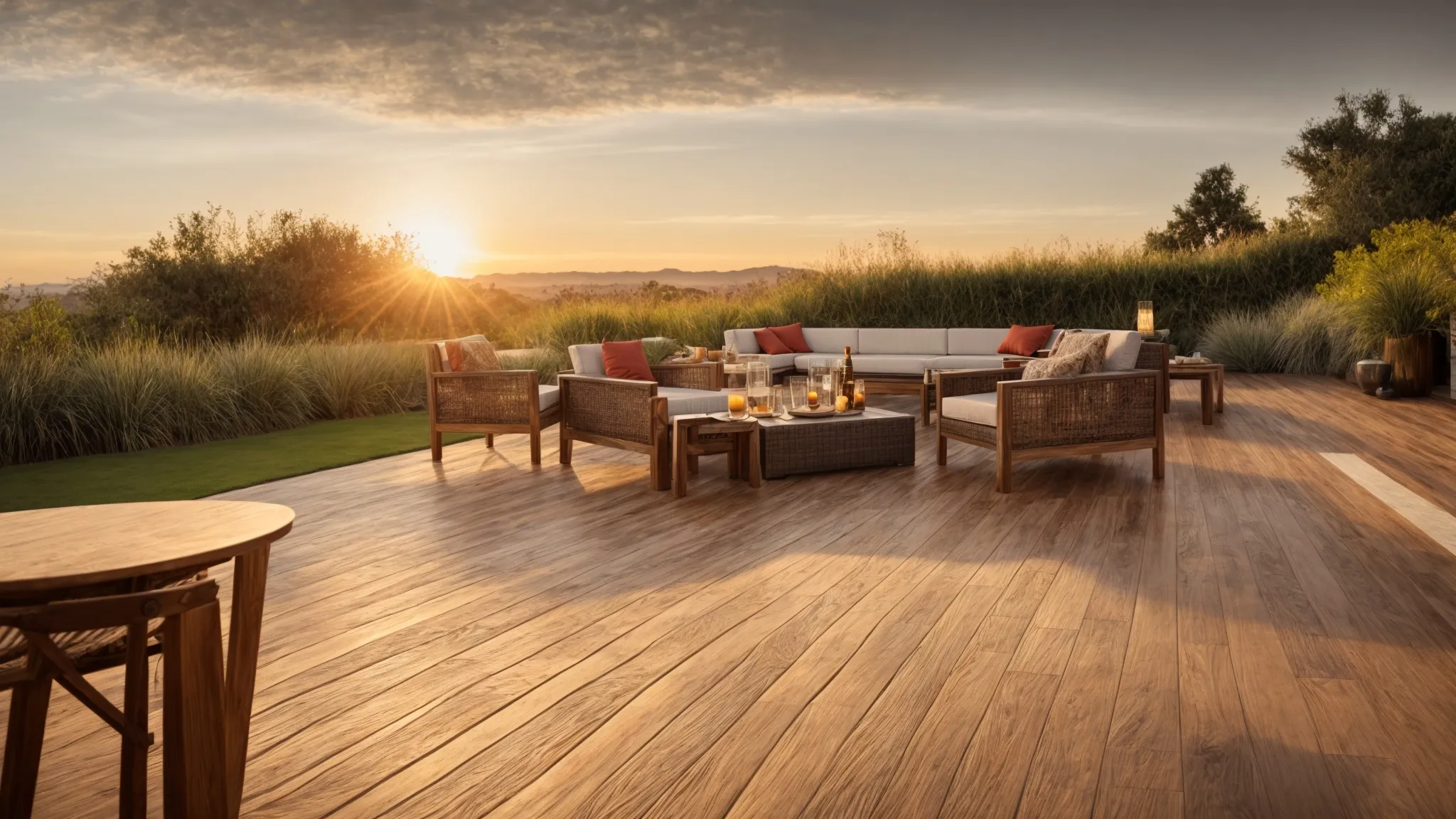 an expansive, textured, wood-patterned stamped concrete patio stretches out, invitingly furnished with simple, rustic outdoor furniture under a warm, 2024 sunset.