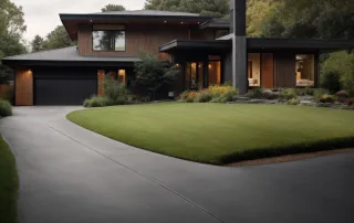 a newly resurfaced driveway leads up to a modern home, showcasing a smooth and pristine asphalt surface.