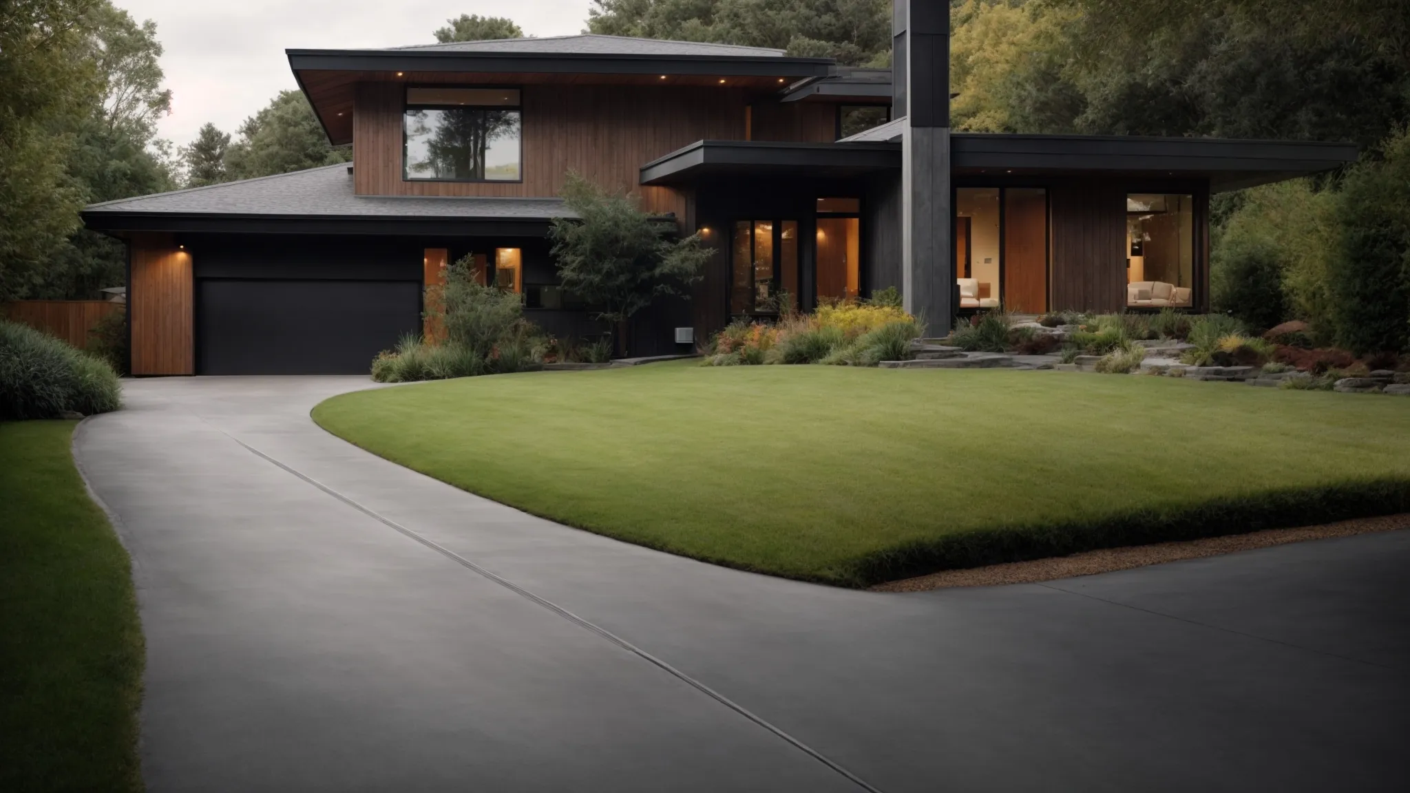 a newly resurfaced driveway leads up to a modern home, showcasing a smooth and pristine asphalt surface.