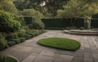 a freshly resurfaced concrete walkway winds through a well-manicured garden.