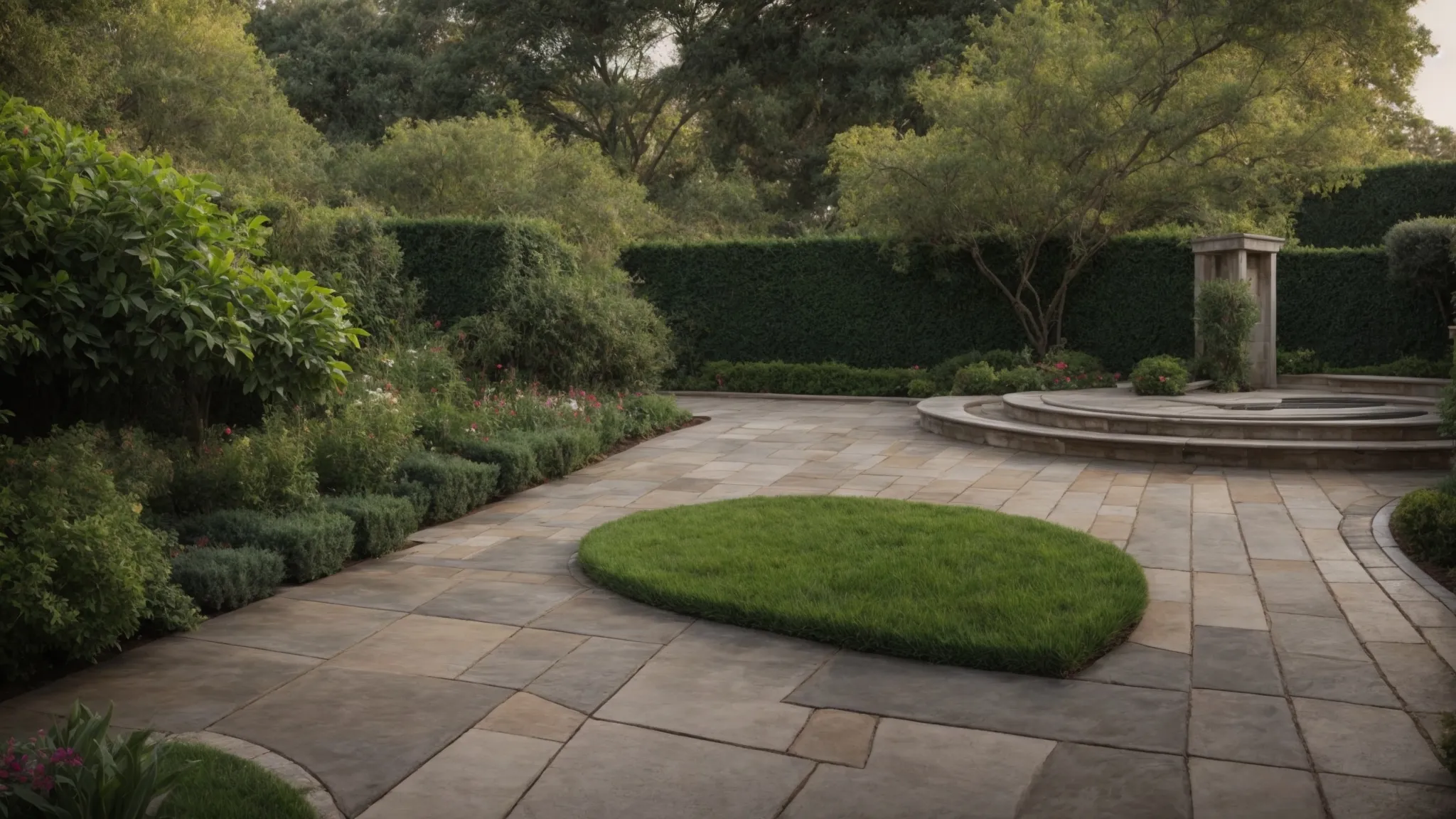 a freshly resurfaced concrete walkway winds through a well-manicured garden.